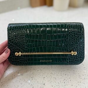 Strathberry Bottle Green Croc-Embossed East/West Omni Clutch w/gold chain